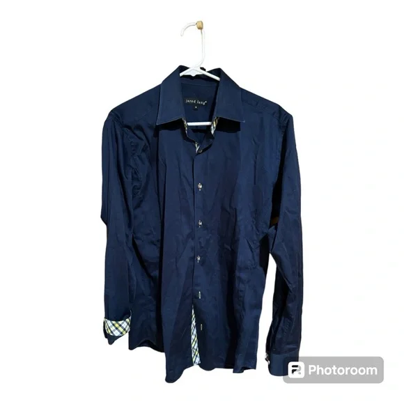 Jared Lang Button Down Navy Dress Shirt. Yellow Plaid Contrast Trim. Medium. - Picture 1 of 6